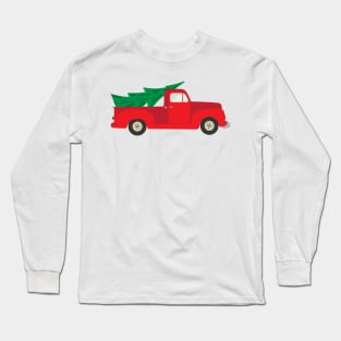 Red retro truck with Christmas Tree Long Sleeve T-Shirt